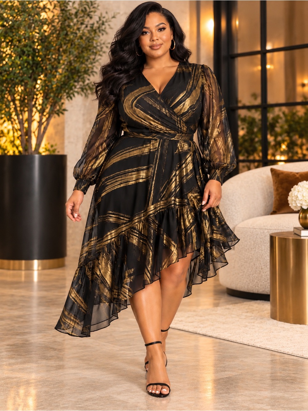 NEW DKNY Metallic-Print Asymmetric-Hem Dress – Black & Gold, Size 22W